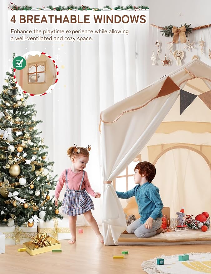 besrey Kids Tent, Kids Playhouse 2 in 1 with Padded Mat and Lights, Large Play Tent with 2 Doors & 4 Windows, Kids Play Tent Indoor & Outdoor, Christmas Toddler Tent for Kids, 51" x35" x 51"