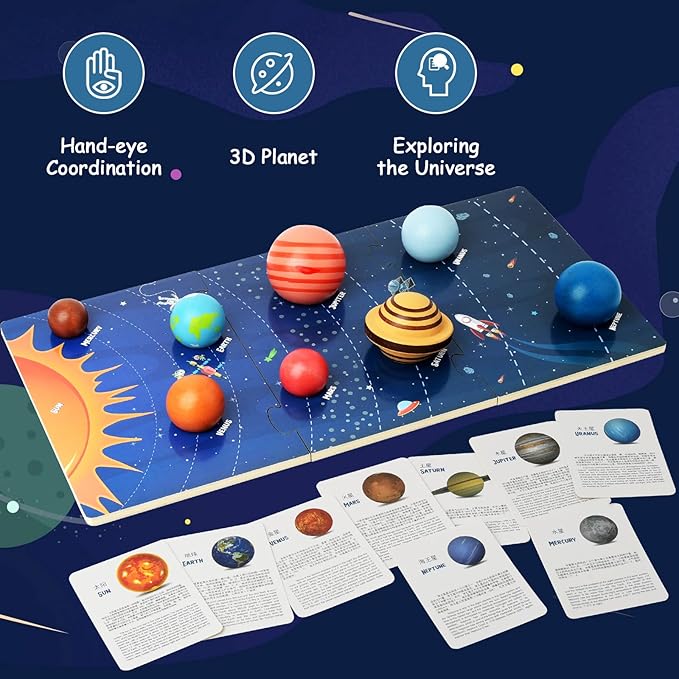 Wooden Solar System Model Board, Montessori Toys Planets Puzzle Science STEM Space Learning for Kids 4-8 with 3D Planets Models, Prechool Educational Gift for Boys Girls