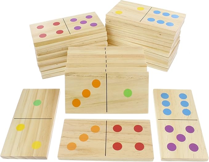 Get Out! Giant Wooden Dominoes 28-Piece Set with Bag – Jumbo Natural Wood & Colored Numbers – Kids Adults Outdoor Games