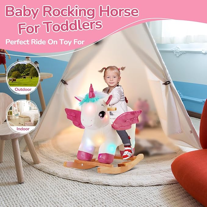Glow Guards Light Up Musical Unicorn Baby Rocking Horse Set of 2 with Safety Belt White Unicorn Rocker Baby Rocking Chair Ride on Unicorn for Toddlers 1-3