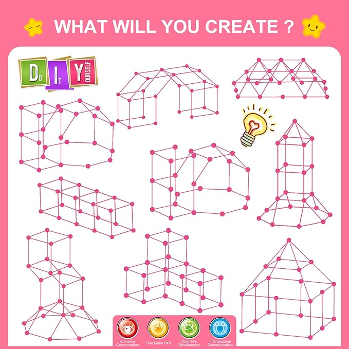 SpringFlower Fort Building Kit for Kids,STEM Construction Toys, Educational Gift for 3 4 5 6 7 8 9 10 11 12 Years Old Boys and Girls,Ultimate Creative Set for Indoor & Outdoors Activity,140 Pcs,Pink