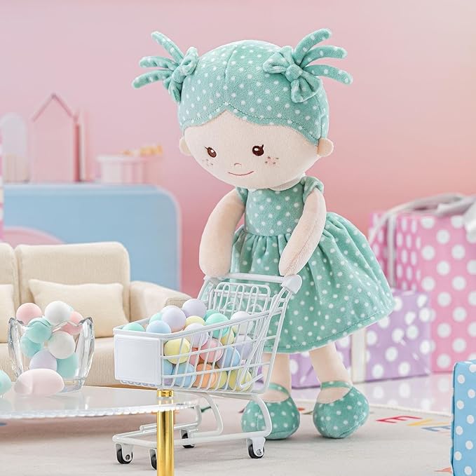 Onetoo Plush Rag Doll My First Baby Doll Soft Baby Doll for Girls Sleeping Cuddle Buddy Doll Wear Green Dress White Polka Dot 14"(Milly Series)
