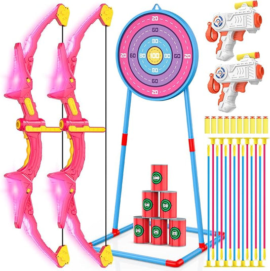 2 Pack Kids Bow and Arrow Set, Pink Light Up Archery Toy Set, 2 Foam Dart Guns & 6 Target Cans Toys for Ages 5-7, Kids Indoor Outdoor Birthday Gifts Ideas for Boys Girls 4 5 6 7 8 9 10 Year Old