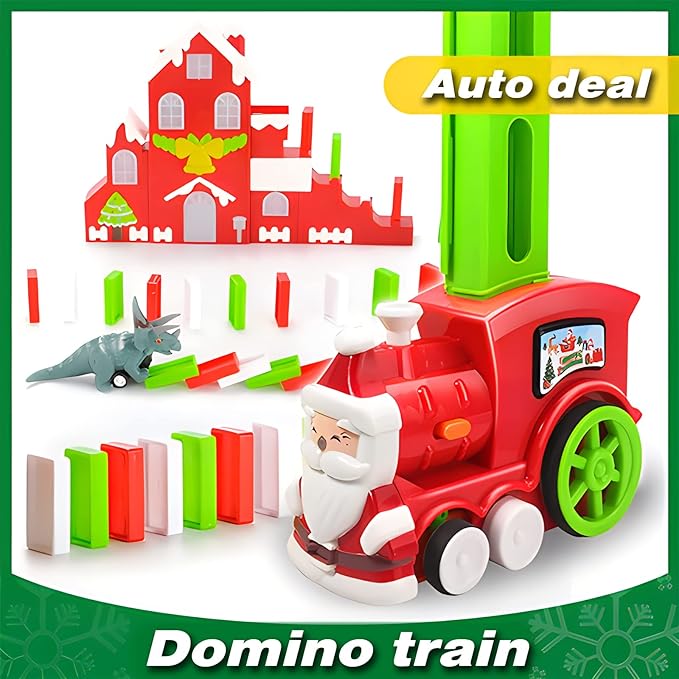 B-Qtech Domino Train Toy Set for Kids Christmas House, Automatic Electric Domino Train Dominoes Blocks Stacking Toys Creative Games New Year Gifts for Kids Boys Grils Ages 3-5 5-8