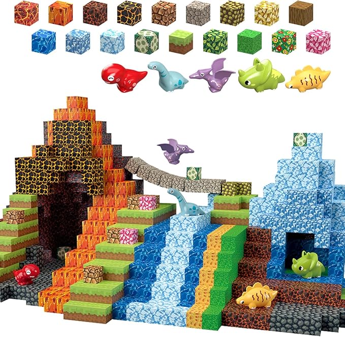 205Pcs Dinosaur Toys Magnetic Blocks Build 3D Dinosaur World Jurassic Scenes, 1" Magnetic Building Blocks Magnet Cubes Tiles for Toddler Boys Girls 3+, STEM Sensory Building Toys Games