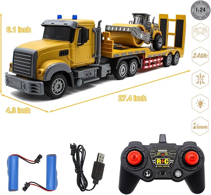 Fistone RC Semi Truck with Trailer, 1:24 RC Semi-Trailer Engineering Tractor with Sound and Lights, 2.4Ghz Remote Control Flatbed Truck with Road Roller Toys, Construction Vehicles Toy for Boys