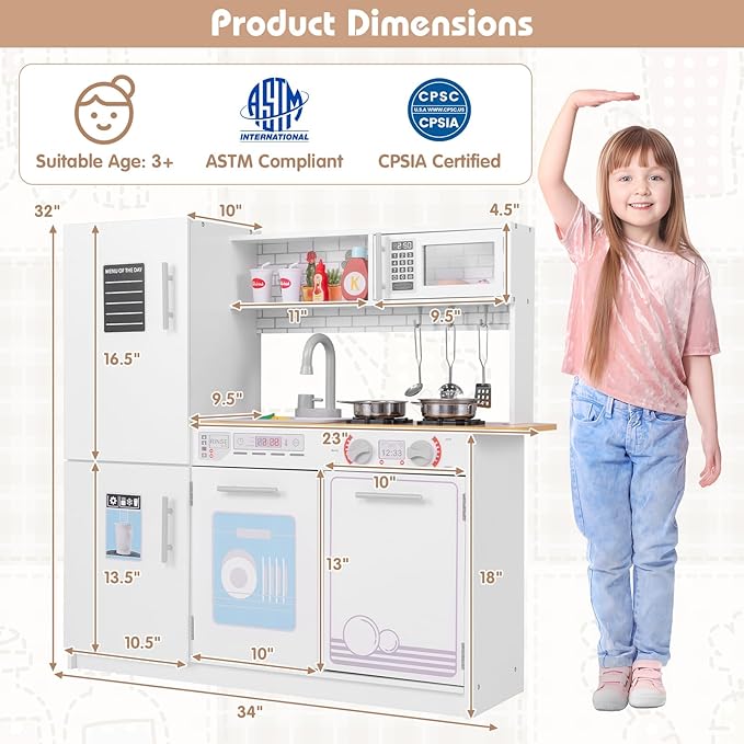 Costzon Play Kitchen for Kids, Wooden Toy Kitchen Set with Blackboard, Faucet, Sink, Oven, Microwave, Dishwasher, Accessories, Pretend Cooking Toy for Toddlers, Kids Kitchen Playset, Gift for Ages 3+