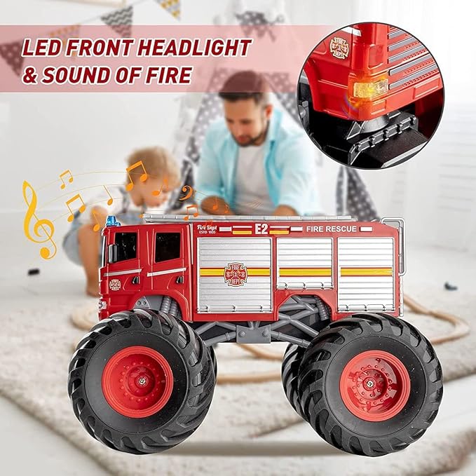Remote Control Monster Truck - 1:18 Scale RC Fire Truck, 2.4GHz Big Wheel School Bus With Lights, Sounds, Rechargeable Electric Toy Stunt Jam Car for Kids, Boys, Girls