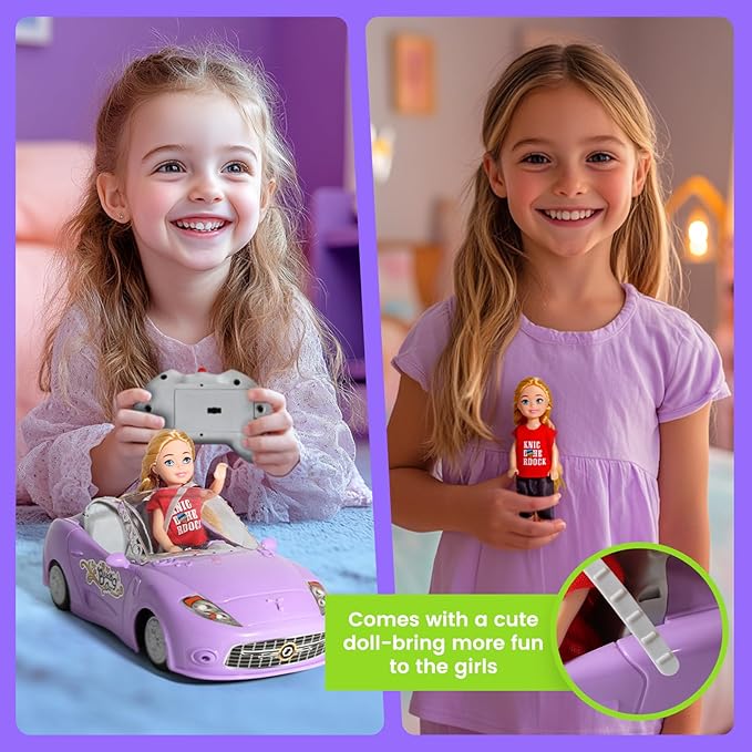 Remote Control Car for Girls 4-7, RC Car for Kids with Doll, 1:18 Scale 2.4Ghz Racing Car with Lights & Controller, Birthday for Grils
