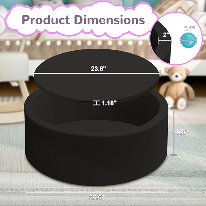 Baby Ball Pit 27.6" Soft Round Memory Foam Ball Pits NOT Included Balls Indoor Outdoor Playpen for Babies Toddlers Kids Great Gift for Girls Boys, Black