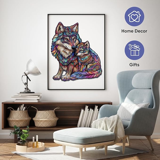 Wooden Puzzles for Adults, Wolf Family Jigsaw Puzzles 500 Pieces, 17.3x14.9in, Unique Shaped Cool Animal Wood Adult Puzzle, Best Gifts for Adults and Kids Family Game