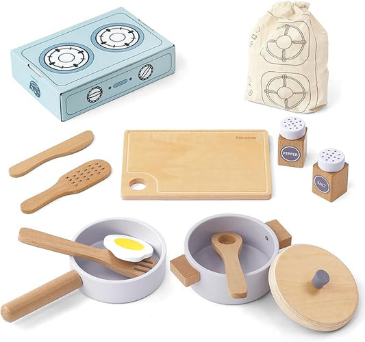 Wooden Toy Pots and Pans Cookware Playset for Kids Kitchen,Toddler Cooking Set,Pretend Play Kitchen Accessories for Toddlers Boys Girls Ages 3+