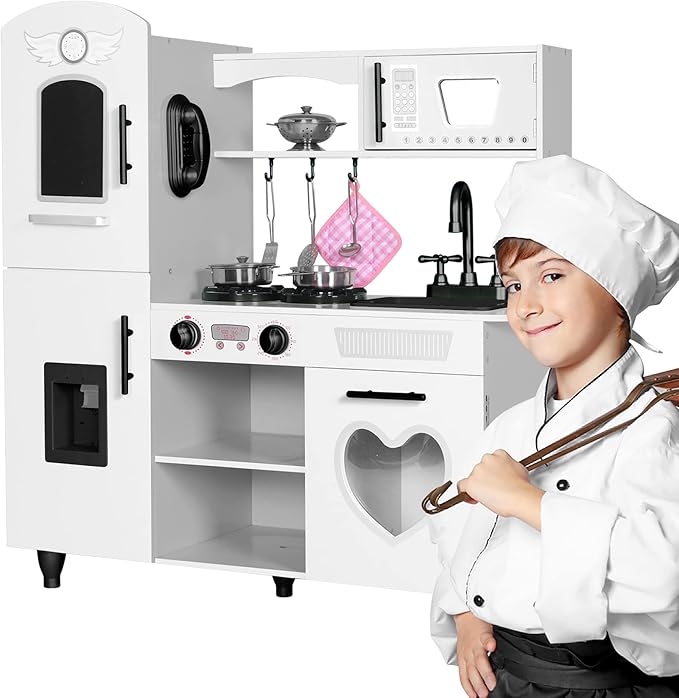 TaoHFE Wooden Kitchen Playset for Toddlers - Kitchen Toy Set with Lights & Sounds for Pretend Play, Gift for Kids Age 3+ (White)