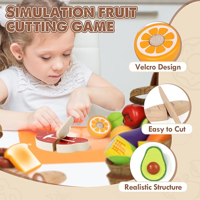 Lehoo Castle Wooden Play Food Set, Toy Food for Toddlers, Pretend Play Kitchen Accessories, Cutting Fruits and Vegetables Montessori Sorting Toys for Kids 3-5 Girls Boys