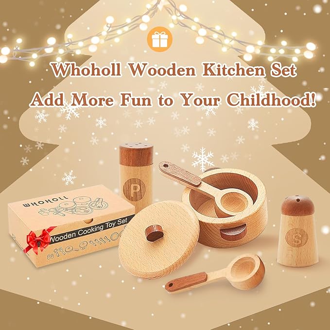 WHOHOLL Wooden Toys Play Kitchen Accessories, Montessori Toys for 1 2 3 4 5 + Years Old Toddlers, Toy Kitchen Play Dishes & Play Food Playset, Birthday Sets for Kids Girls Boys