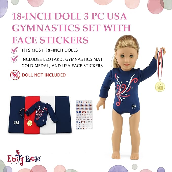 Emily Rose 18 Inch Doll Clothes 4-PC Gymnastics Sports Outfit & Accessories Set with Medal and Face Stickers - Gymnast Toy | Doll Not Included | USA Business | Compatible with 18" American Girl Dolls