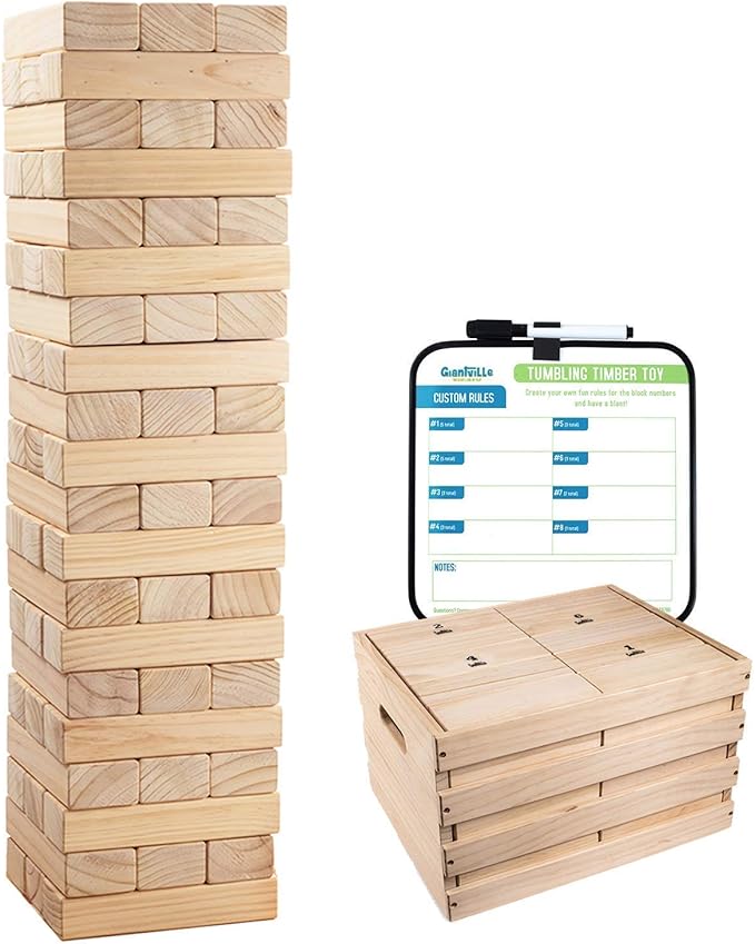 Giantville Giant Tumbling Timber Toy - Premium Pine Wood Life-Size Blocks Tower - Big Floor/Board Indoor/Outdoor Yard Game for Kids & Adults - 60-Pieces + Storage Crate/Platform - Grows to Over 5-Feet
