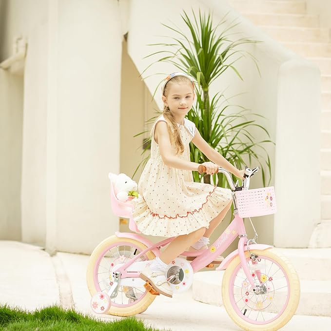 Girls Bike with Basket for Toddlers and Kids Aged 3-14 Years Old, 14 16 18 Inch with Training Wheels & Doll Seat, 20 Inch with Kickstand & Rear Rack, Princess Style Bicycle for Gift