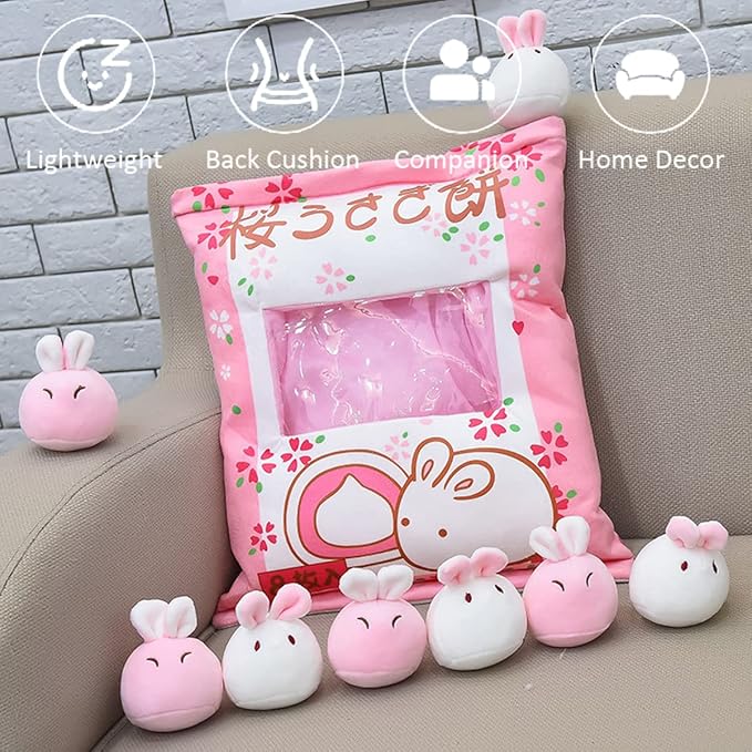ARELUX Cute Bunny Plush Pudding Pillow:Snack Pillow Toys Bag Removable Stuffed Animal 8Pcs Sets Creative Plush,Soft Sakura Bunny Plushie Throw Pillow,Dolls Friends Family Member