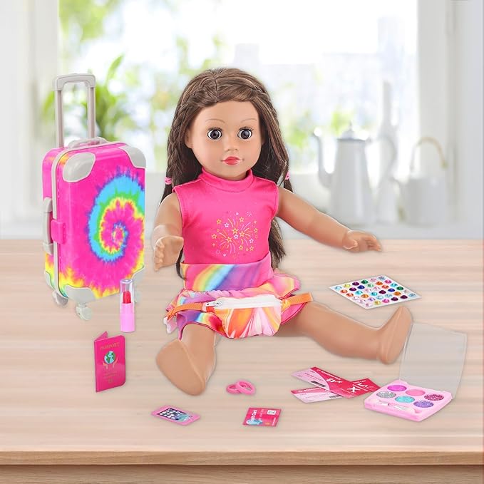 K.T. Fancy 14 PCS American 18 Inch Doll Travel Accessories Set - Rainbow Tie-Dye Suitcase Luggage with Waist Bag, Clothes, Makeup Kit, Phone Passport & Stickers (No Doll Included) Gift for Girls