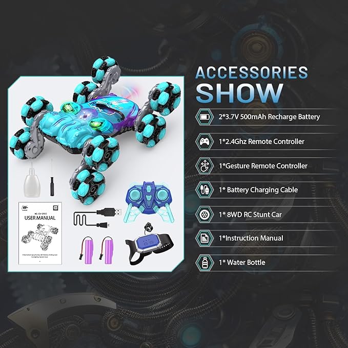 8WD Gesture Sensing RC Stunt Car, Boys Toys with Spray & Light, Hand Controlled RC Car Toys Gift for Kids Boys Age 8-12