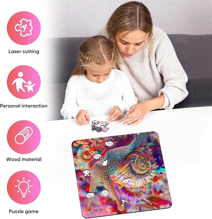 Wooden Jigsaw Puzzle for Adults and Kids Unique Shape Wood Colorful Beautiful Box Fun Challenge Brain Health Family Game Creative Gift for Friends Rompecabezas Madera(Pink Snail 200pcs)