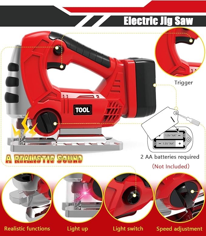 Kids Tool Set with Electric Toy Drill Chainsaw Jigsaw Toy Tools, Realistic Kids Power Construction Pretend Play Tools Set Toy STEM Playset Toddler Toys Kit for Toddler Boy Girl Kid Child Tool Set Toy