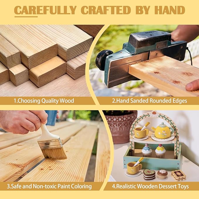 Wooden Tea Party Set for Little Girls,Kids Tea Set with Cookies & Cake Stand, Play Kitchen Accessories Wooden Pretend Play Food Toys for Girl Boy Birthday Gift