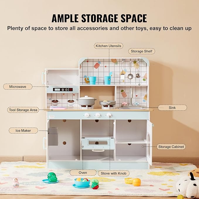 VEVOR Play Kitchen for Kids, Wooden Toy Kitchen Set with Lights and Sounds, Toddler Kitchen with Ice Maker, Oven, Sink, Microwaves, Fridge and Utensil and Fruit Accessory for Toddlers Ages 3-8, White