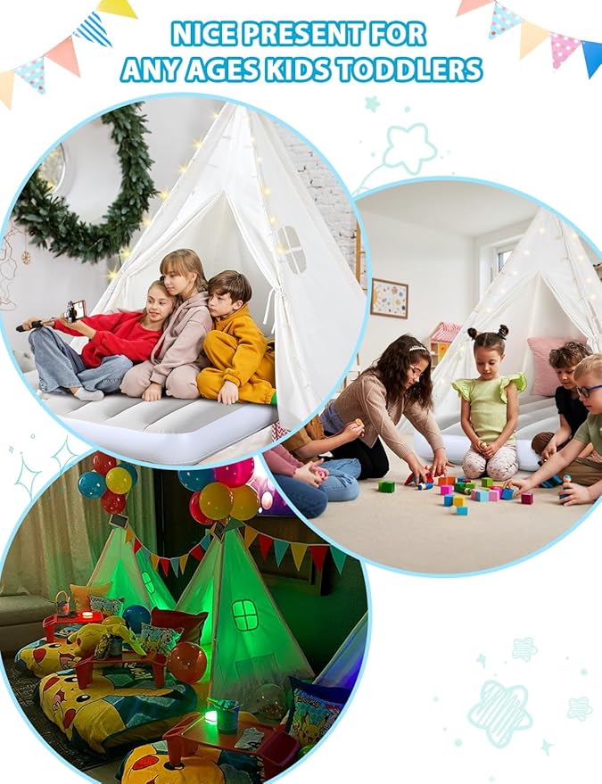 wilwolfer 2 Sets Teepee Tent for Kids with Inflatable Airbed Toddler Play Tent White Foldable Playhouse for Indoor Outdoor Boys Girls Party Sleepover Slumber Gifts Toy