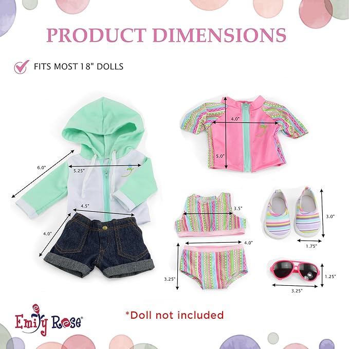 Emily Rose 18 inch Doll Clothes 7 PC Surfer Swimming Bathing Suit Beach Swim Clothing & Accessories Set, Includes Sunglasses and Shoes! | Compatible with 18" American Girl Dolls | USA Business