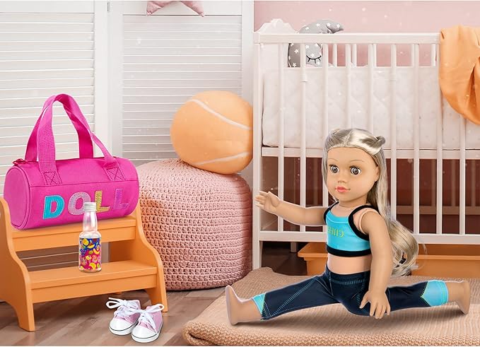 Ecore Fun 8 Piece 18 Inch Girl Doll Clothes and Accessories Set Include Yoga Sport Clothes Shoes Yoga Bands Towel Drink and Bag