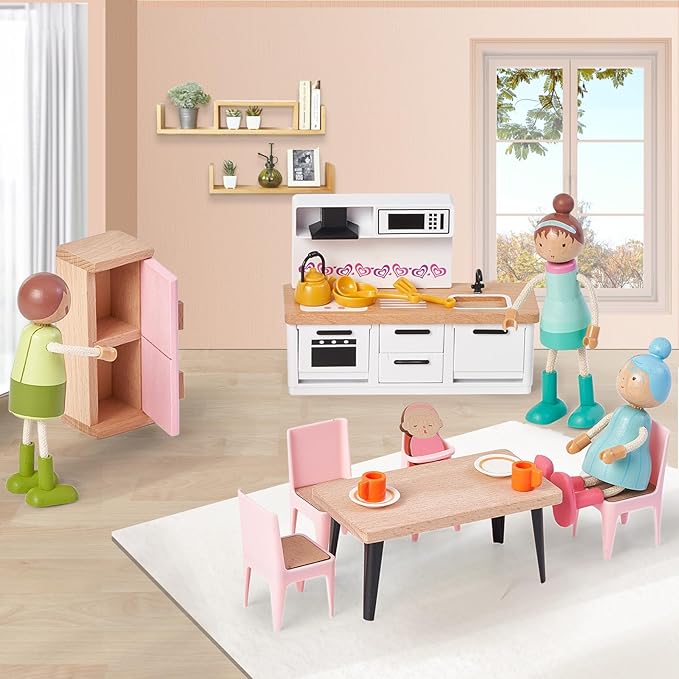 Giant bean 36pcs Wooden Dollhouse Furniture Set with Dolls for 5 Rooms, Wood & Plastic Pink Dollhouse Accessories Pretend Play Furniture Toy Christmas Birthday Gift Toy for Kids Boys Girls Toddler 3+