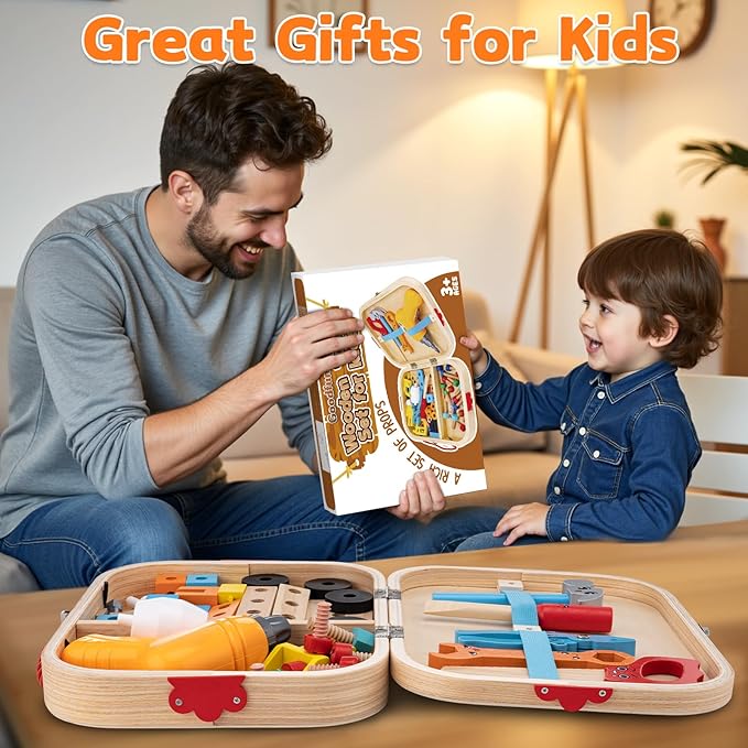 59Pcs Kids Tool Set Toy for Boys - Montessori STEM Wooden Play Tool Box Kit with Electric Drill with 2 Types Bits - Educational Christmas Birthday Gifts for Boys Toddlers Kids Age 3 4 5 6 Years Old