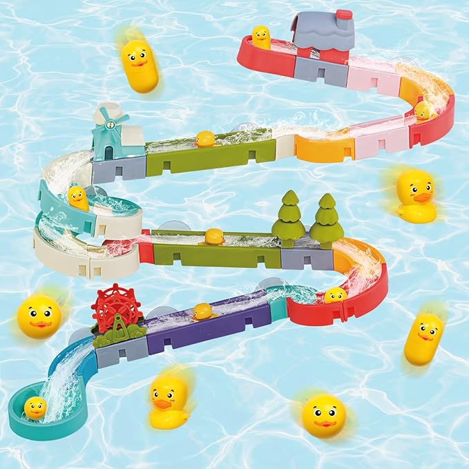 Duck Slide Bath Toys for Kids Ages 4-8, Wall Track Building Set for 5-7 Years Old, Fun DIY Kit Birthday Gift for Toddler Boys & Girls (52 PCS)