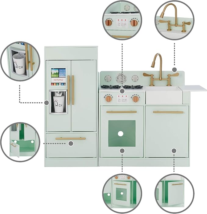 Teamson Kids Little Chef Charlotte Kids Play Kitchen, Wooden Kitchen Playset for Toddlers with Accessories, Pretend Ice Maker, Modular Design, & Storage Space, Mint/Gold, Gift for Ages 3+