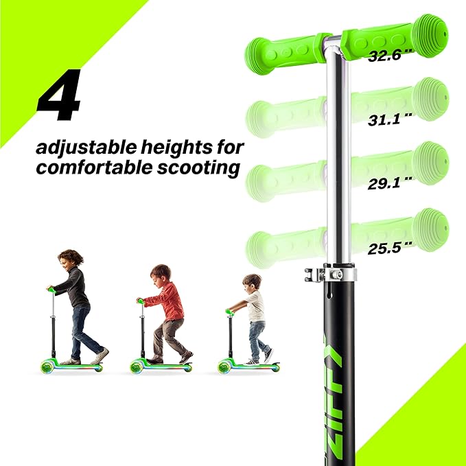ZIFFY Kids Scooter for Boys & Girls LED Light-Up Wheels, 4 Adjustable Height Handlebars, and Lean-to-Steer Design with Anti-Slip Wide Deck for Stability - Up to 110LBS