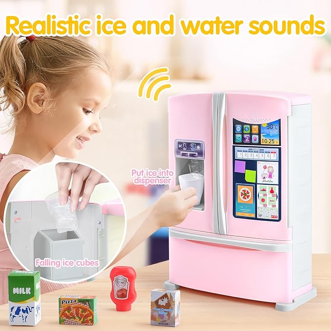 PLAY Kids Kitchen Refrigerator with Ice Dispenser, Pretend Kid Toy Fridge Kitchen Playset, Kitchen Appliance Accessories for Girl Boy Christmas Birthday Gift Age 3+, Pink