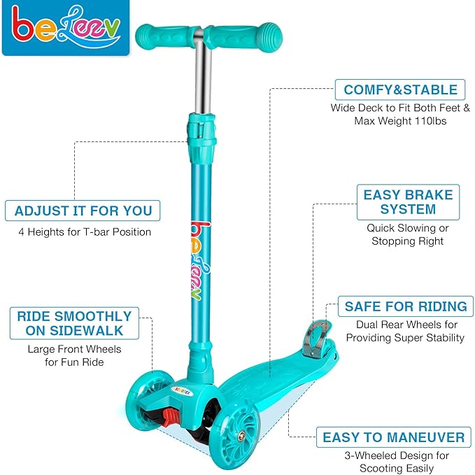 BELEEV A2 Scooters for Kids 3 Wheel Kick Scooter for Toddlers Girls Boys, 4 Adjustable Height, Lean to Steer, Light up Wheels, Extra-Wide Board, Easy to Assemble for Children Gift Sport Toys Ages 3-12