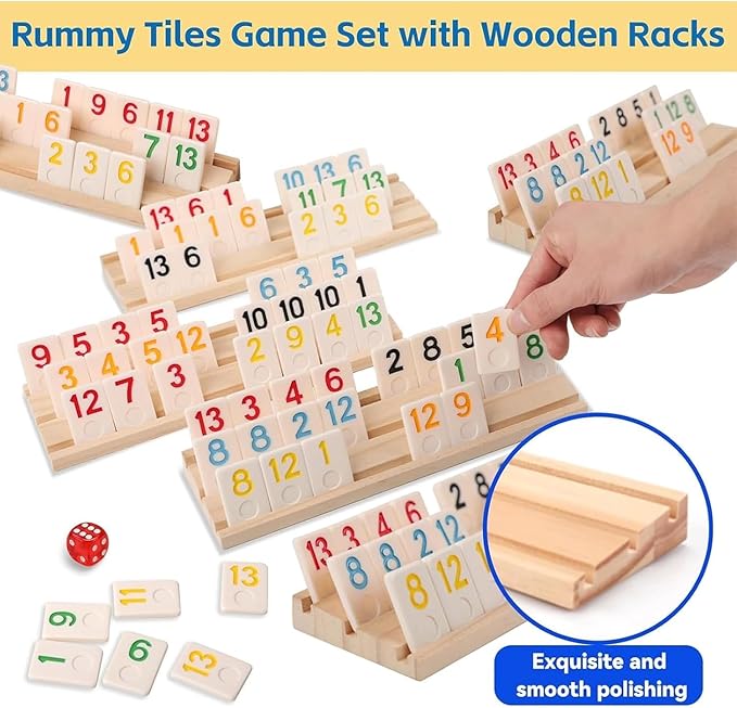 Deluxe Rummy Cube Game Set 6 Colors with 8 Wooden Racks & 162 Rummy Tiles | Travel & Family Board Game for Adults and Kids