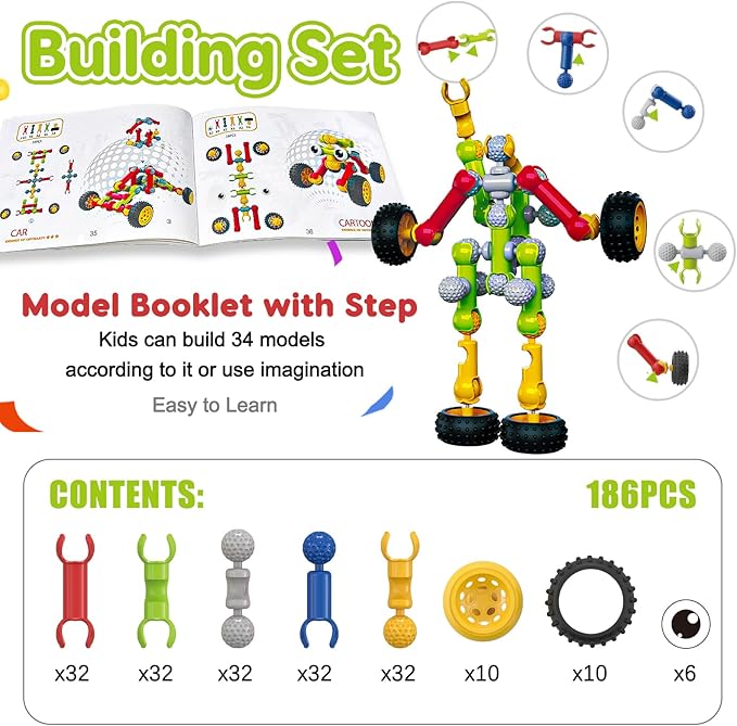 Kids STEM Building Toys for 3 4 5 6 7 8+ Year Old Boy Girl Birthday Gift, 186 Pcs Preschool Classroom Learning Activities Fine Motor Skills Building Blocks Ages 4-8 6-8 8-12 Engineering Creative Game