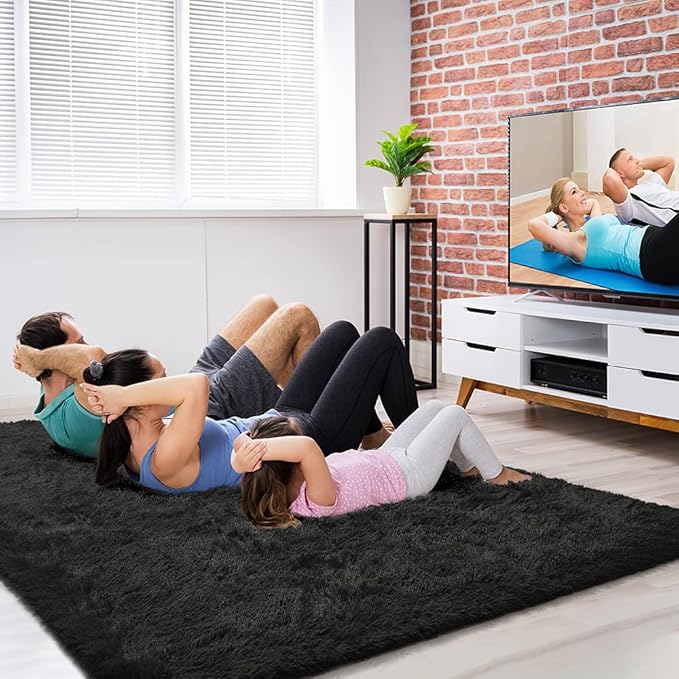 Amearea Shag Fluffy Area Rug for Bedroom Girls Living Room, Extra Soft and Fuzzy Shaggy Rugs, Non Slip, Solid Color Carpet Mat for Boys Nursery Home, Black 6x9 Feet