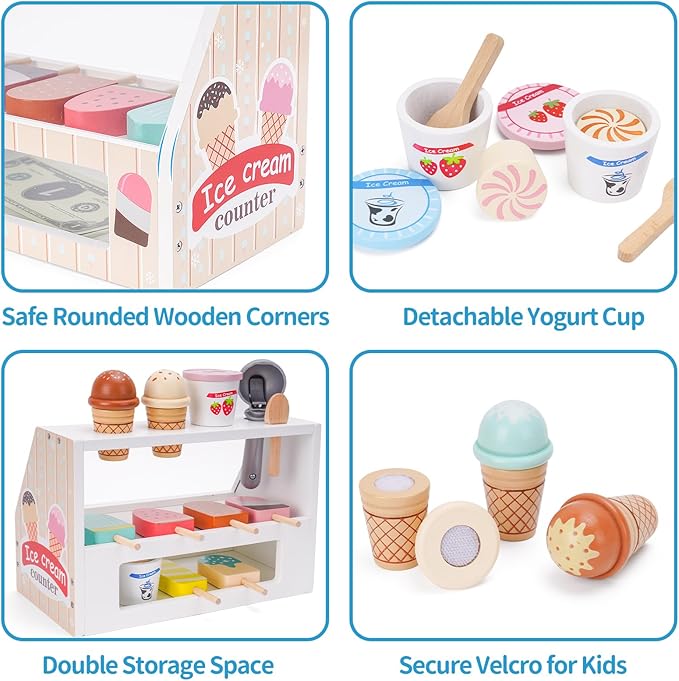 Wooden Ice Cream Counter Playset for Kids, Toddler Girl Toys Kitchen Playset Pretend Play Gifts for 3 4 5 6 Year Old Girl or Boy, Play Food Scoop and Serve, Play Kitchen Sets for Kids Ages 4-8