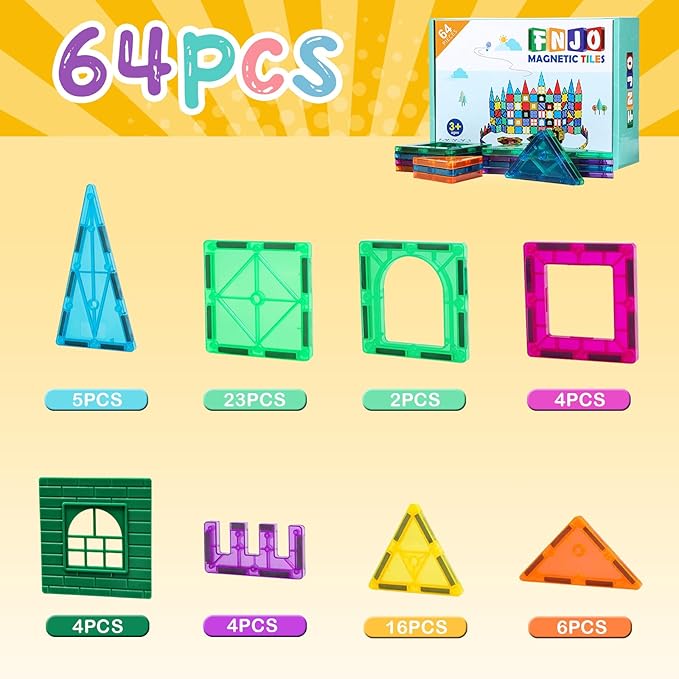 FNJO Magnetic Tiles, 64 PCS Magnetic Building Blocks, Magnets Building Set, STEM Toys for Kids Boys and Girls Creative and Inspirational