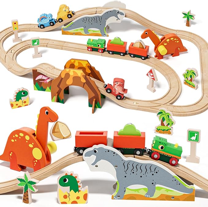 Lehoo Castle Wooden Train Set, Dinosaur Wooden Train Track Set, Wood Toy Train Set for Toddlers 2-4, Train Toys for Toddlers 3-5, Fits Thomas, Fits Brio, Fits Melissa and Doug