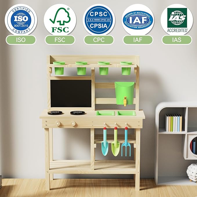 Cedar Wood Outdoor Play Kitchen for Kids, Mud Kitchen with Water Faucet, Dual-Sided Chalkboard, Storage Shelves, Cups, Removable Sink, and Pretend Stove – Backyard Toddler Playset for Boys and Girls