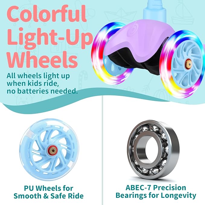 BELEEV A1 Scooter for Kids Ages 2-6, 3 Wheel Kick Scooter for Toddlers Girls Boys, Light up Wheels, Adjustable Height, Lean to Steer, Non-Slip Deck, Lightweight Push Scooter for Children