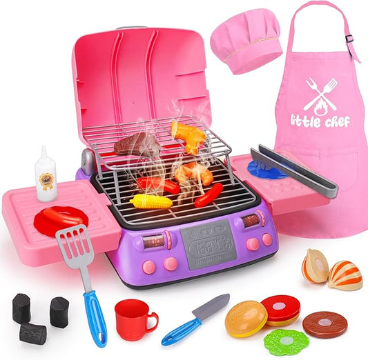 Kids BBQ Grill Playset with Coooking Apron Hat Toddler Girl Pink Kitchen Toy Ages 3-5 4-8 Pretend Smoke Sound Light Outdoor Barbecue Accessories Toy for 3 4 5 Year Old Girl Birthday Gift