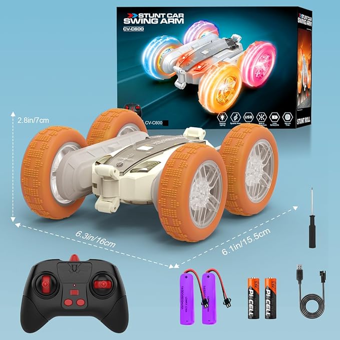 Remote-Control-Car-Stunt-RC-Car, New Upgraded 2.4Ghz 4WD Double-Sided 360° Rotating RC Crawler with Headlights & Wheel Lights, RC Truck Toy Cars Gift for Kids Boys and Girls Aged 6-12