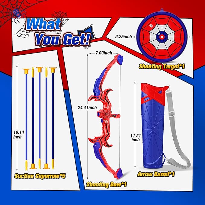 Outdoor Toys for Ages 3-5 Boys, Spider Bow and Arrow for Kids 3-7 Archery Set with LED Lights Target Toys for Boys 3 4 5 6 Bow Arrow Shooting Outdoor Games for Kids Ages 5-8 Girls Gifts